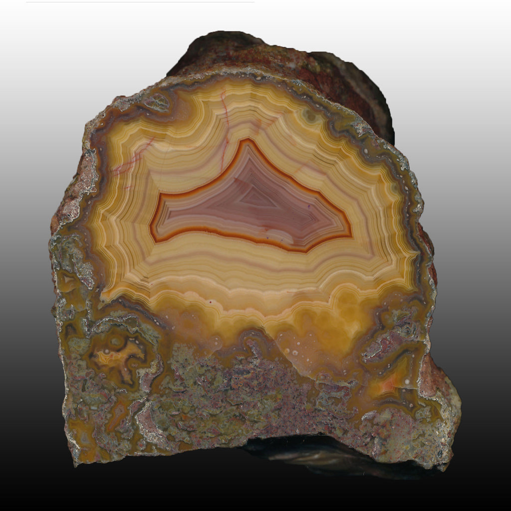 Unusual Yellow Arcoiris Laguna Agate Specimen with excellent shadow banding. Pair to AG05129